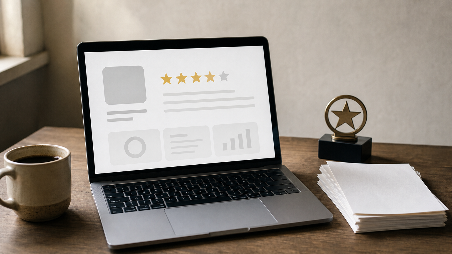 A laptop shows a software review profile page beside printed testimonials and a badge icon.