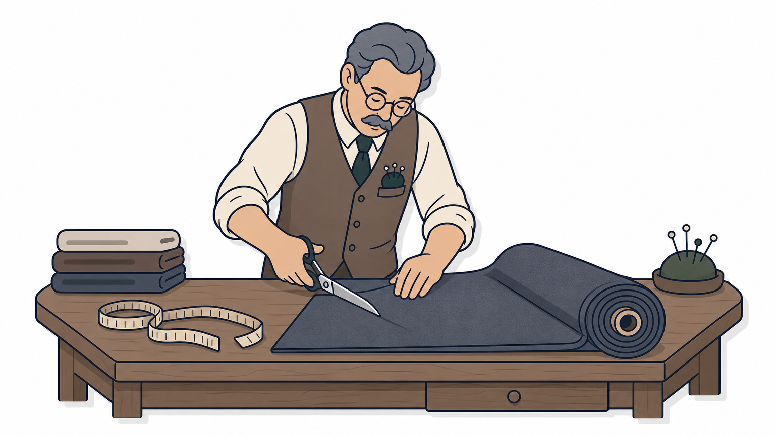 A tailor cuts a length of wool suiting fabric by hand on a wooden bench.