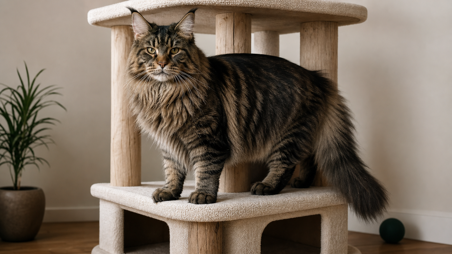 A large Maine Coon cat perched on a sturdy cat tree with thick posts and a wide base.