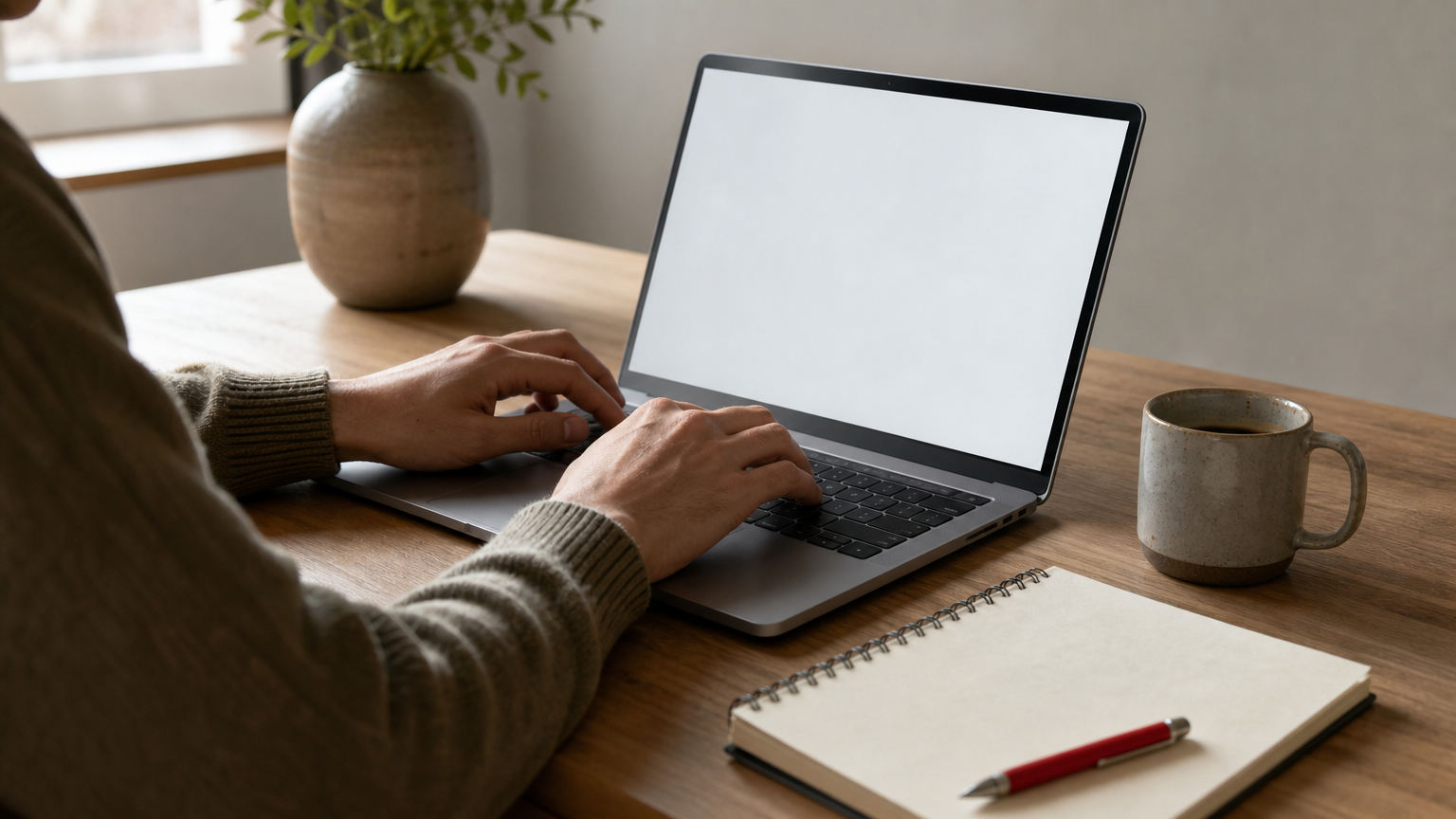 A person types a long-form article in the LinkedIn publishing interface with a notebook and coffee nearby.