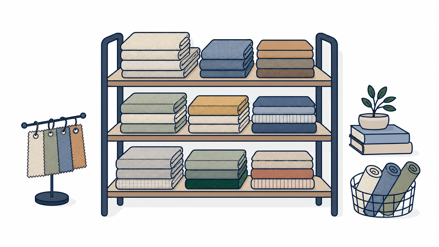 Stacks of folded fabric swatches in various colors and textures arranged on shelves.