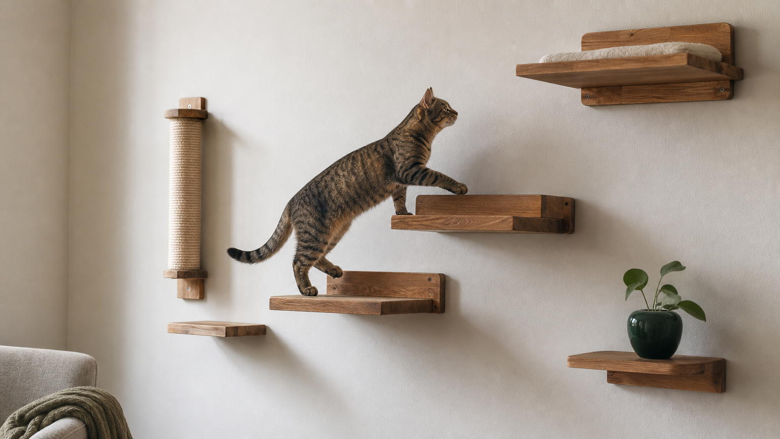 A cat climbing staggered wall-mounted wooden shelves with a scratching post beside a living room wall.