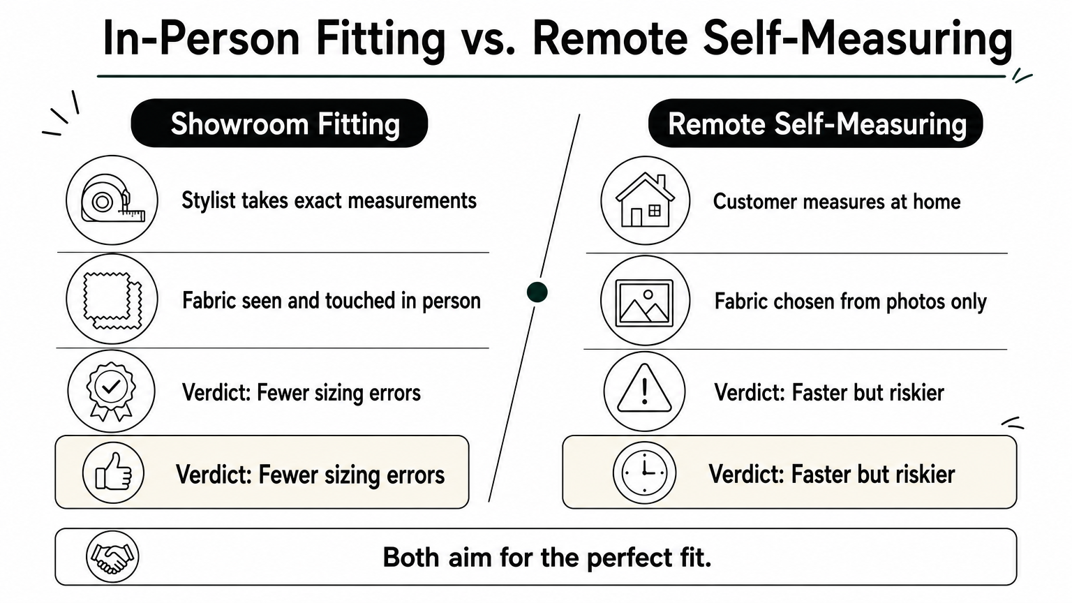 Infographic comparing in-person showroom fittings against remote self-measuring for made-to-measure suits.