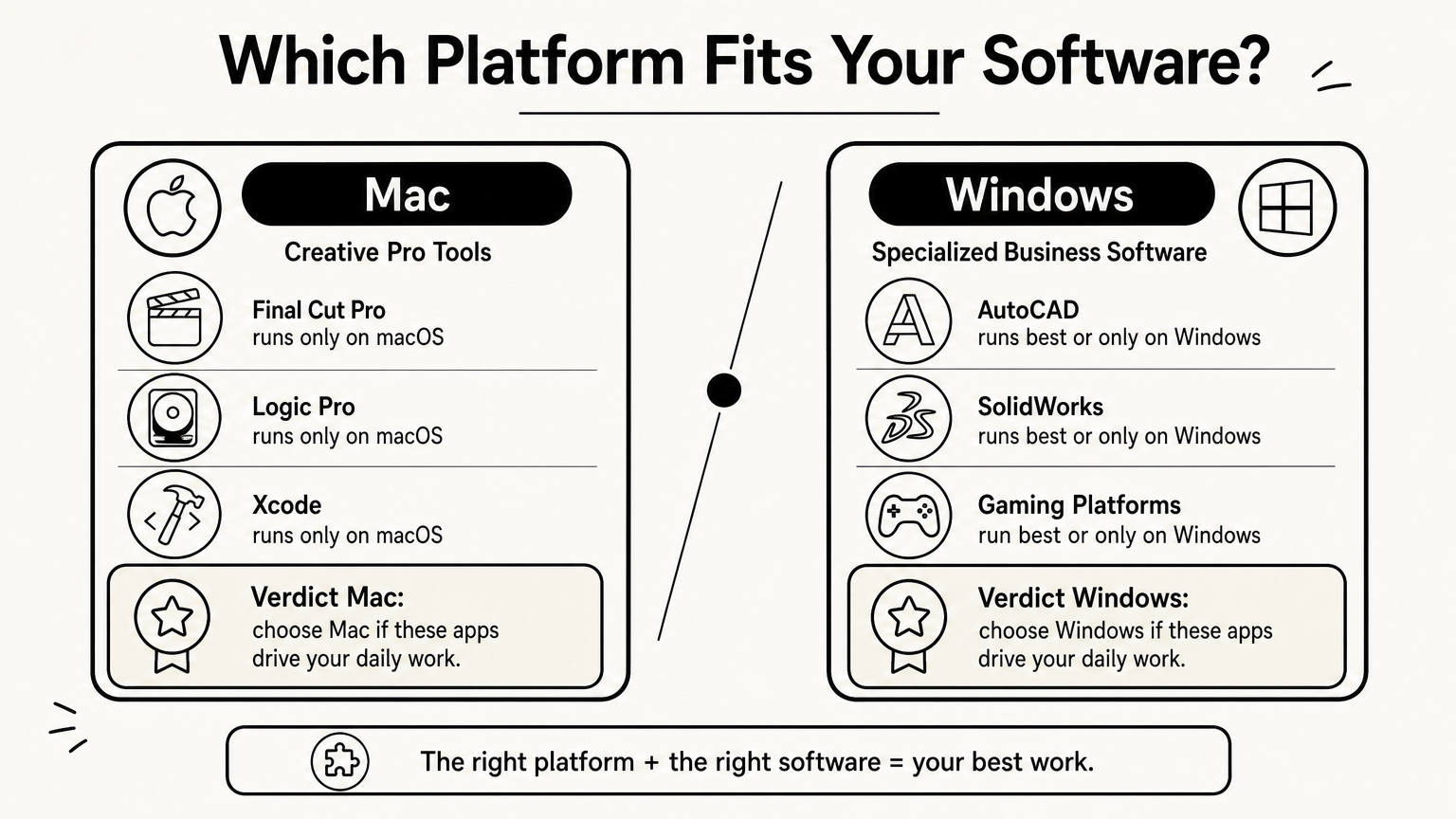 Comparison graphic showing which creative and business software runs on Mac versus Windows.