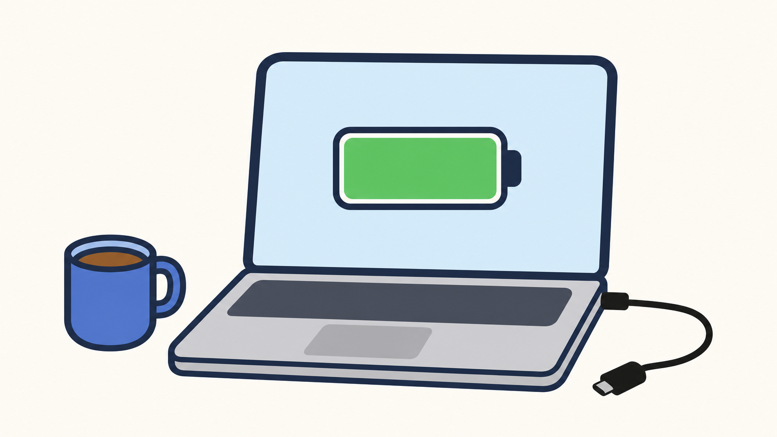 An open aluminum laptop on a desk with a nearly full battery indicator and a coffee cup nearby.
