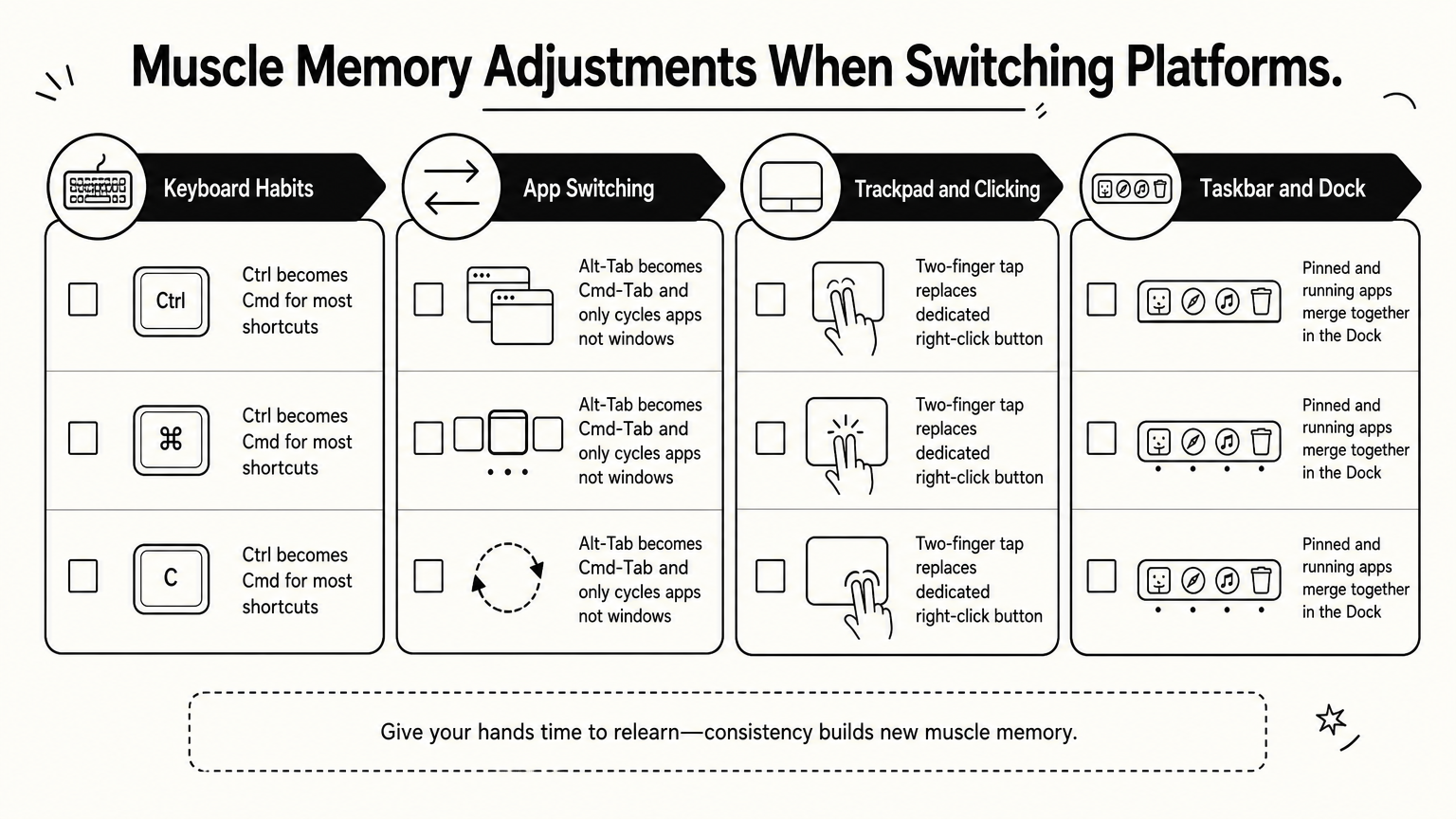 Checklist graphic listing keyboard, trackpad, and taskbar habits that change when switching operating systems.