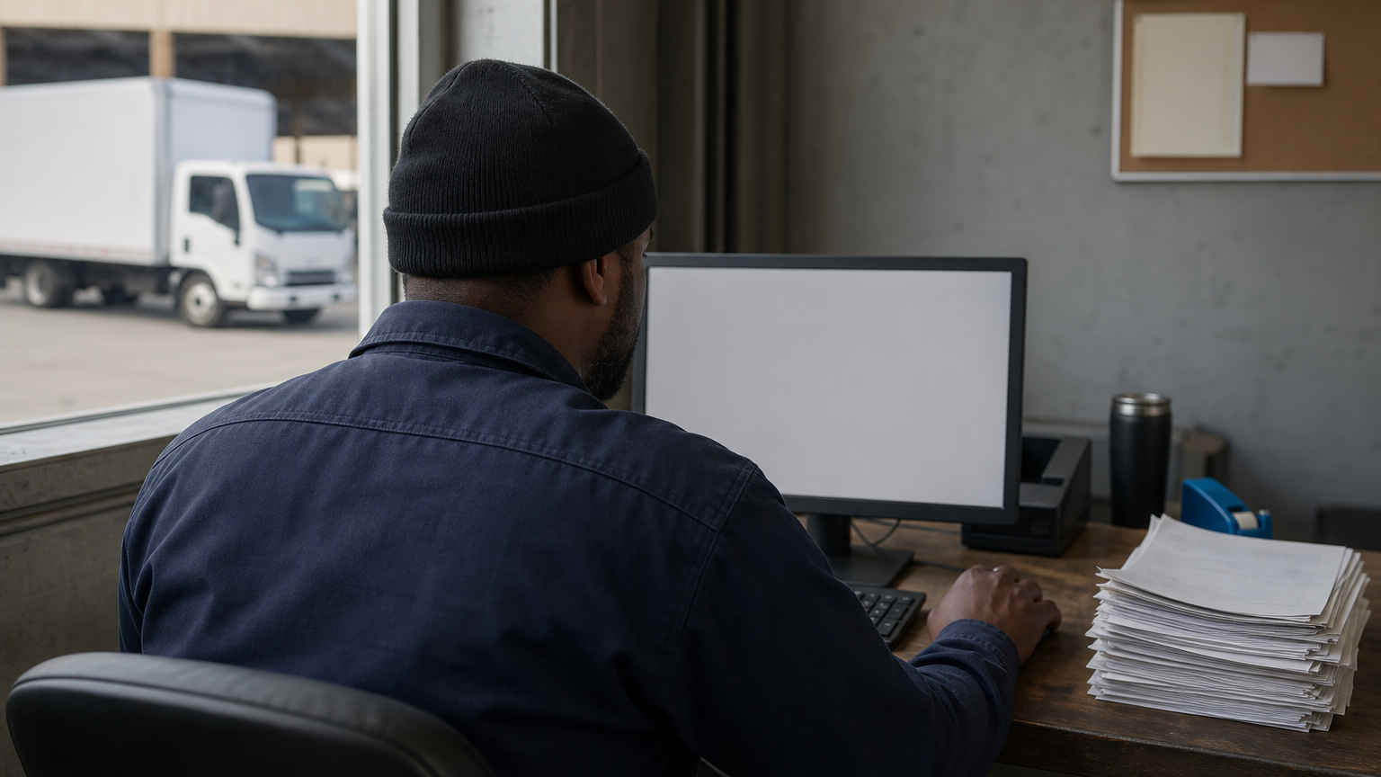 A dispatcher views a customer order on screen with a delivery truck outside and invoices on the desk.