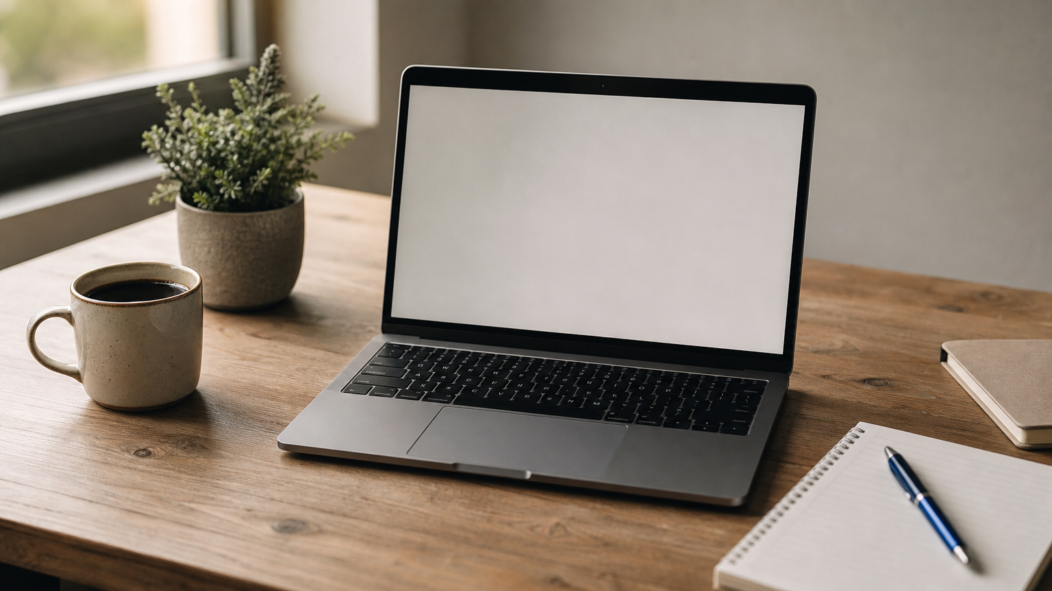 A laptop displaying a sales pipeline sits on a desk with a notepad, coffee cup, and small plant.