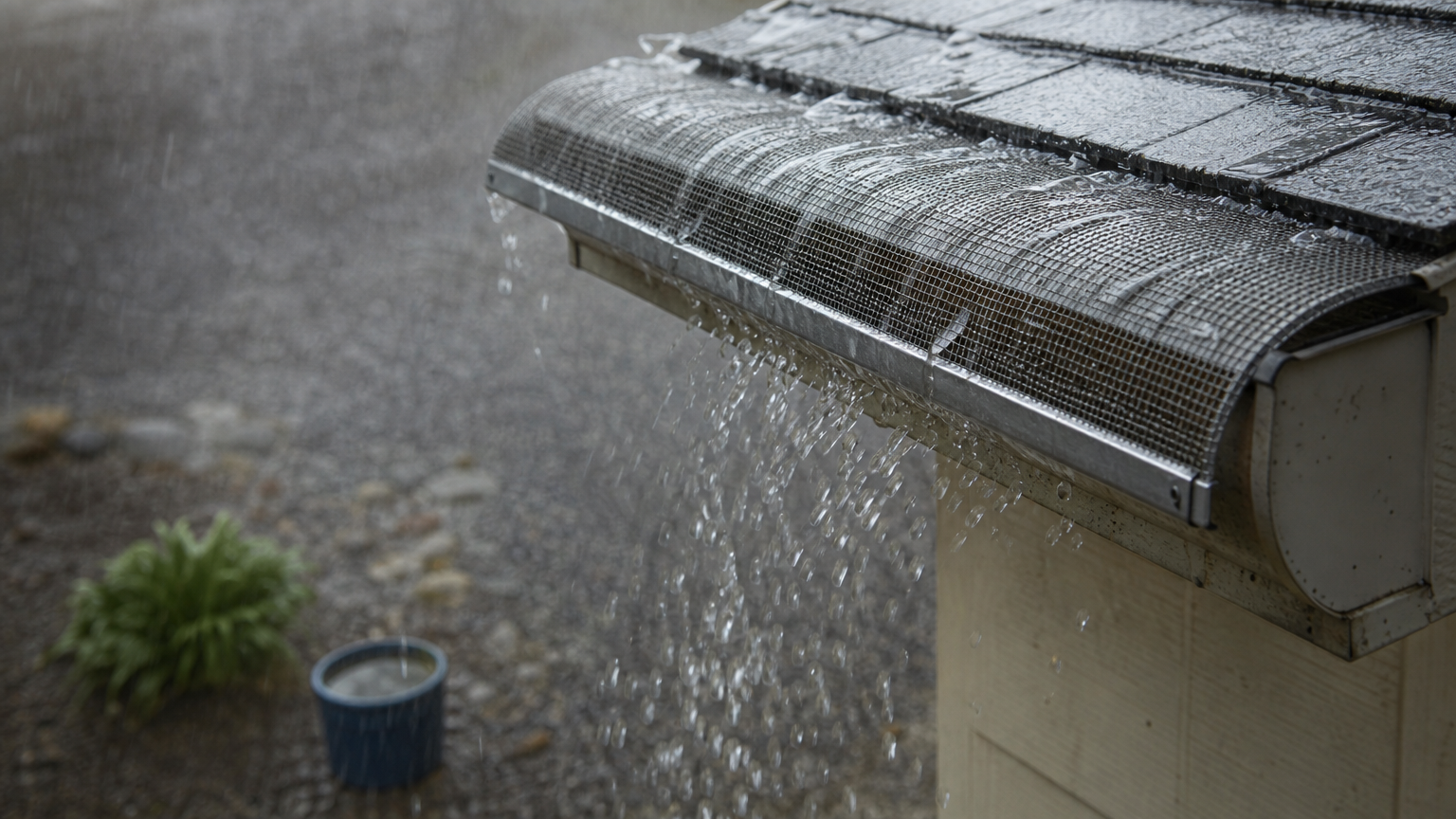 Heavy rain overshooting a curved gutter guard and spilling onto the ground instead of draining into the gutter.