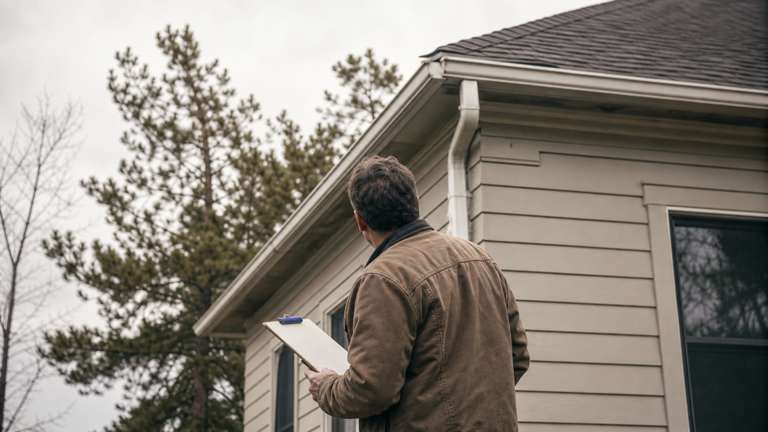 A homeowner outdoors looking up at a rooftop while holding a clipboard to assess gutter guard suitability.