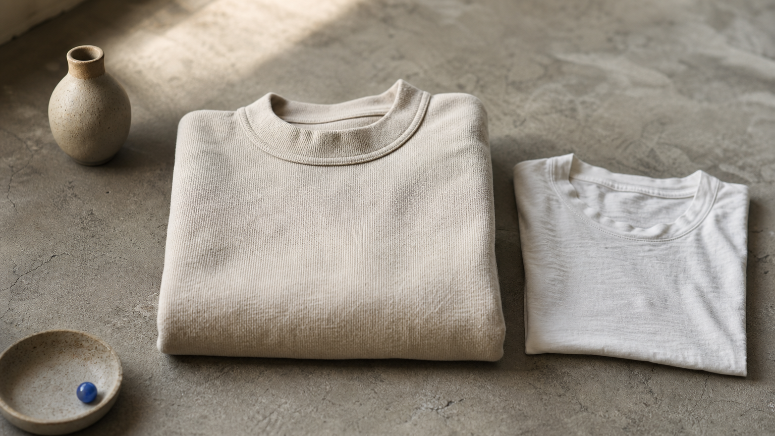 A thick folded 300 gsm t-shirt sits beside a noticeably thinner lightweight t-shirt.