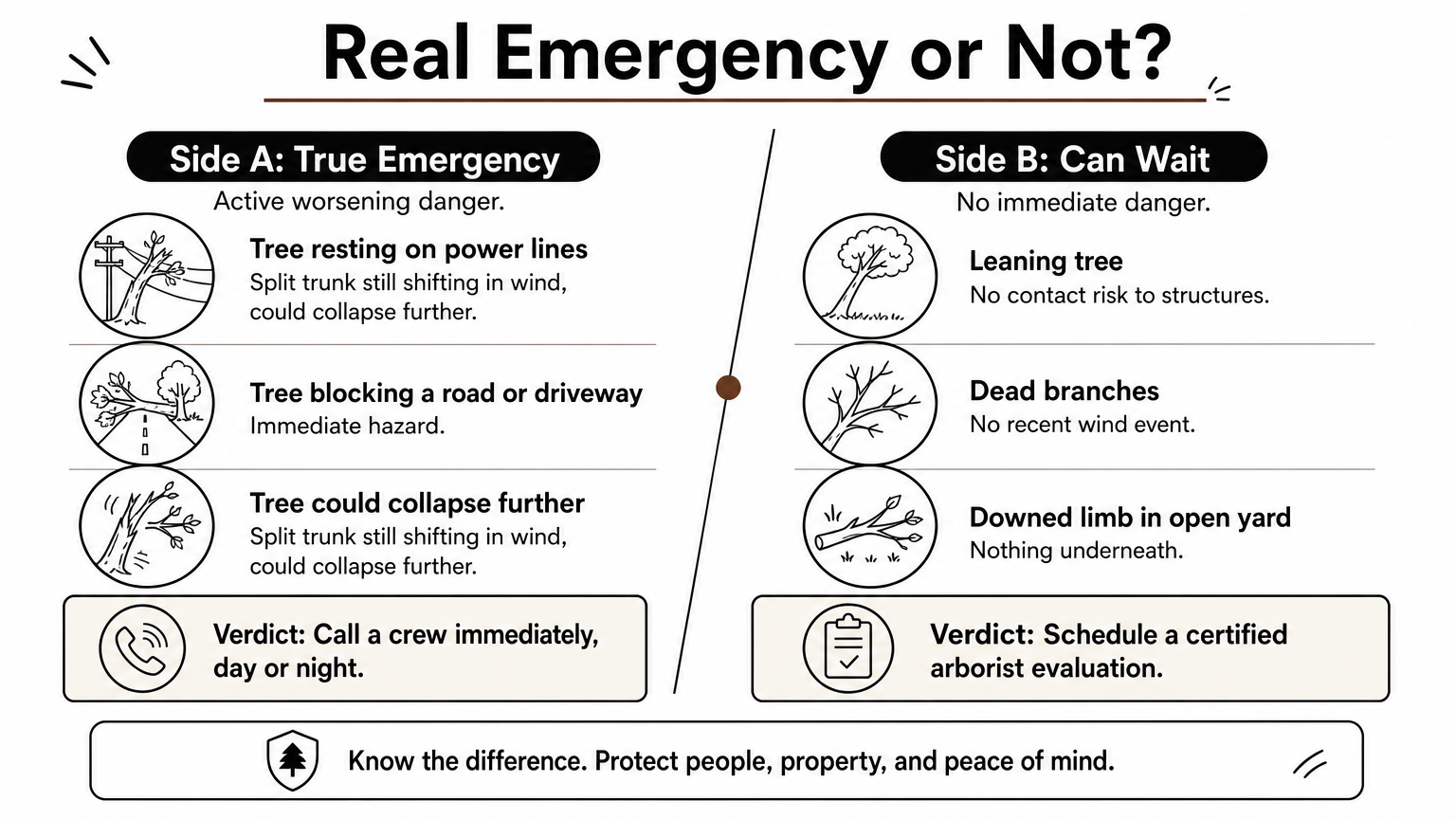 Comparison infographic contrasting true tree emergencies with situations that can wait for scheduled evaluation.