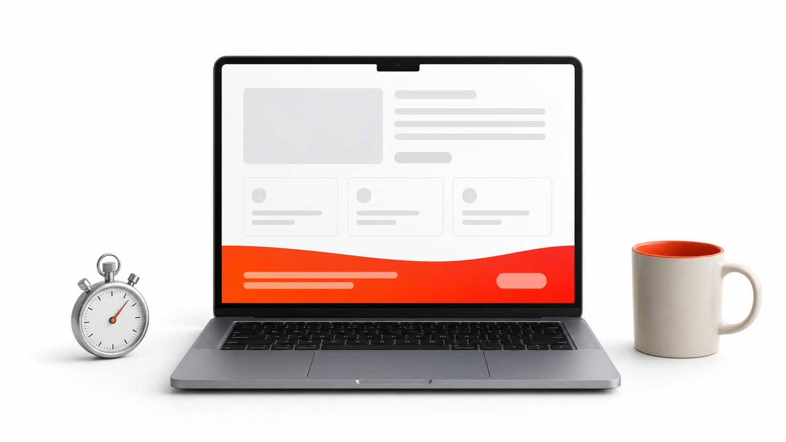 A laptop displays a landing page being generated next to a stopwatch and a coffee cup.