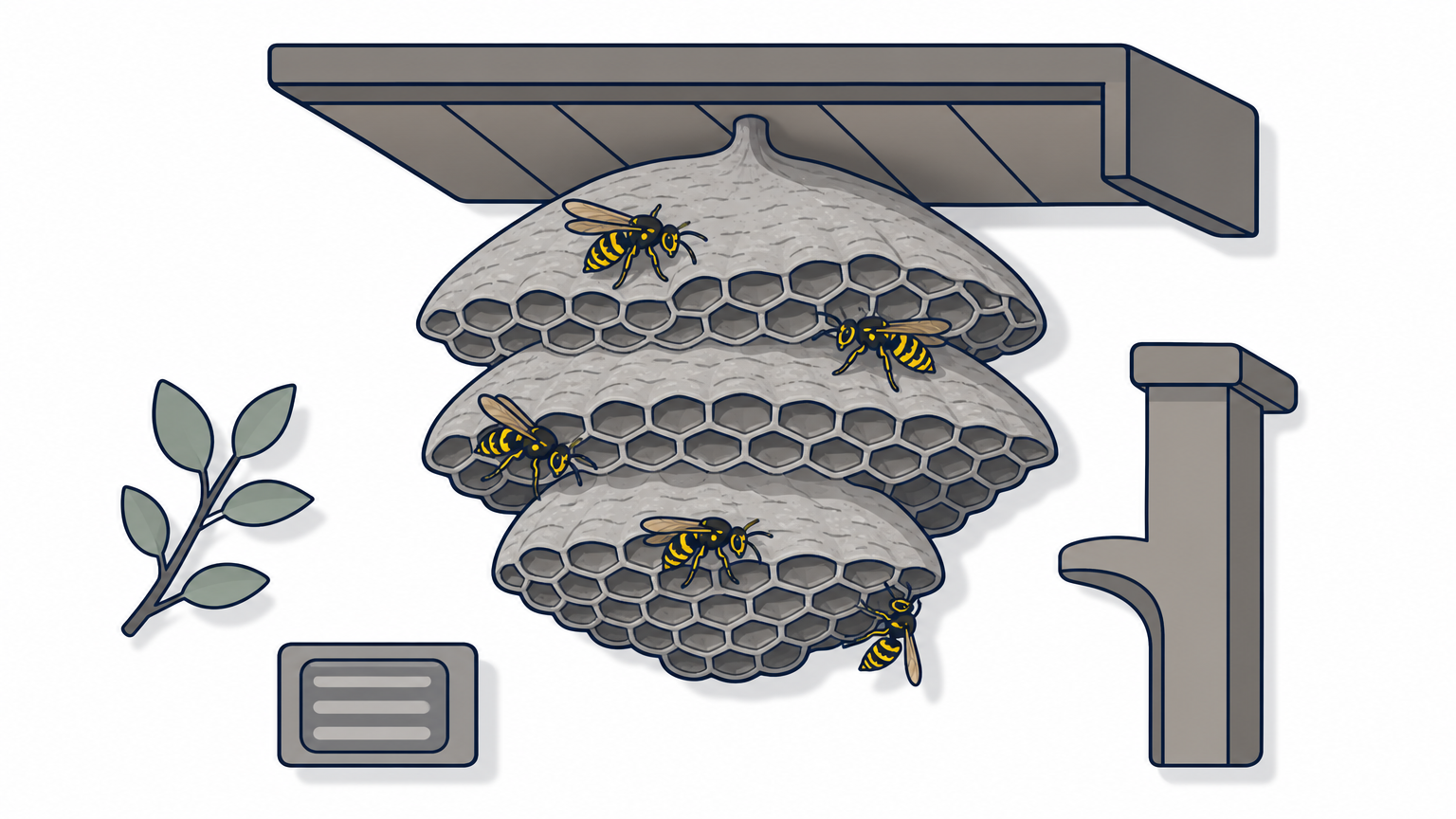An open umbrella-shaped paper wasp nest hanging under a patio eave with wasps on it.