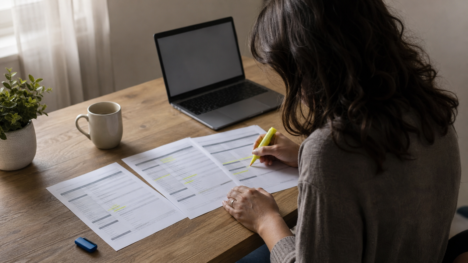 A person highlights errors on three printed credit reports next to a laptop.