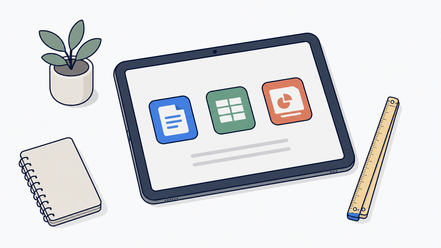 Android-Tablet mit geöffneten Office-Icons und einem Maßband zur Bildschirmgröße.