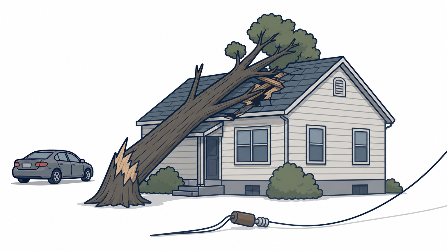 A split tree trunk leaning against a house roof near a downed power line and a parked car.
