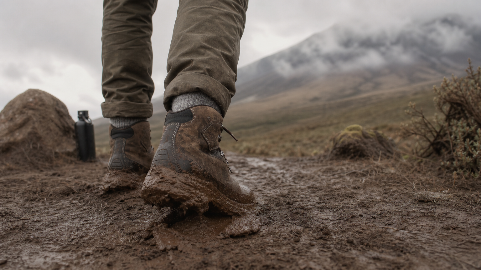 A hiker's boots sink into a muddy clay trail with clouds hiding the summit behind.