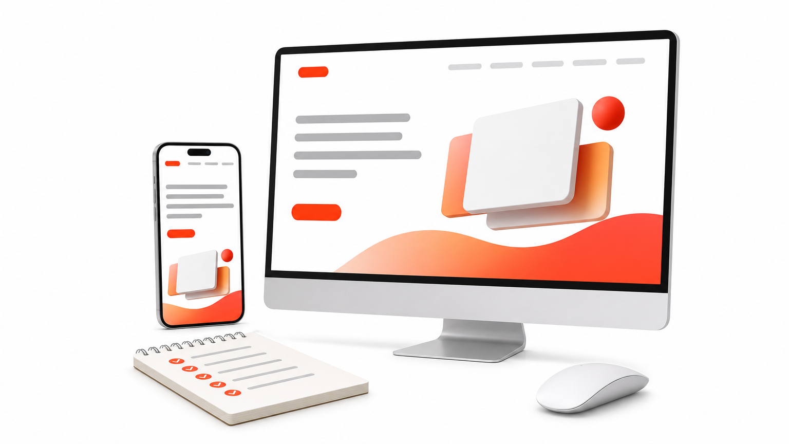 A phone and desktop display the same draft landing page beside a checklist notepad and mouse.