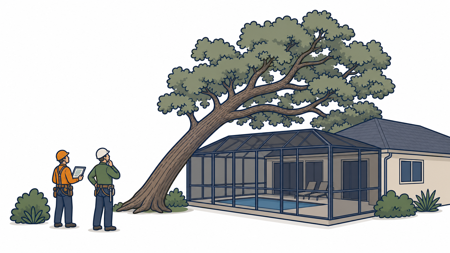 A large oak tree leans over a pool cage while two arborists examine it from the yard.