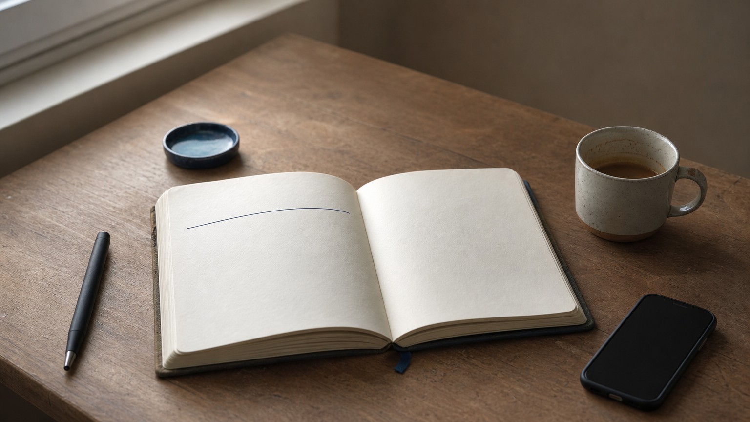 A notebook with one sentence written, a five-minute timer, and a coffee cup on a desk.