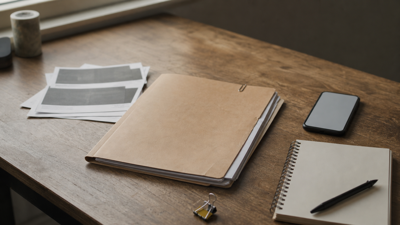 A desk showing a folder, printed screenshots, a phone, and a notebook used to gather defamation evidence.