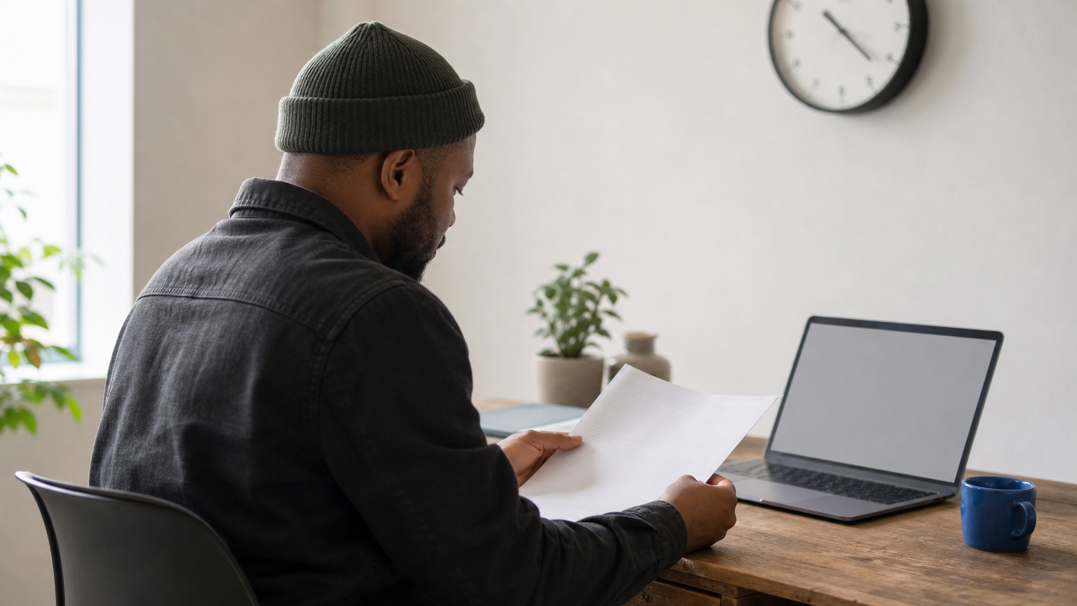 Business owner examining a security service agreement at a desk with a laptop and clock nearby.