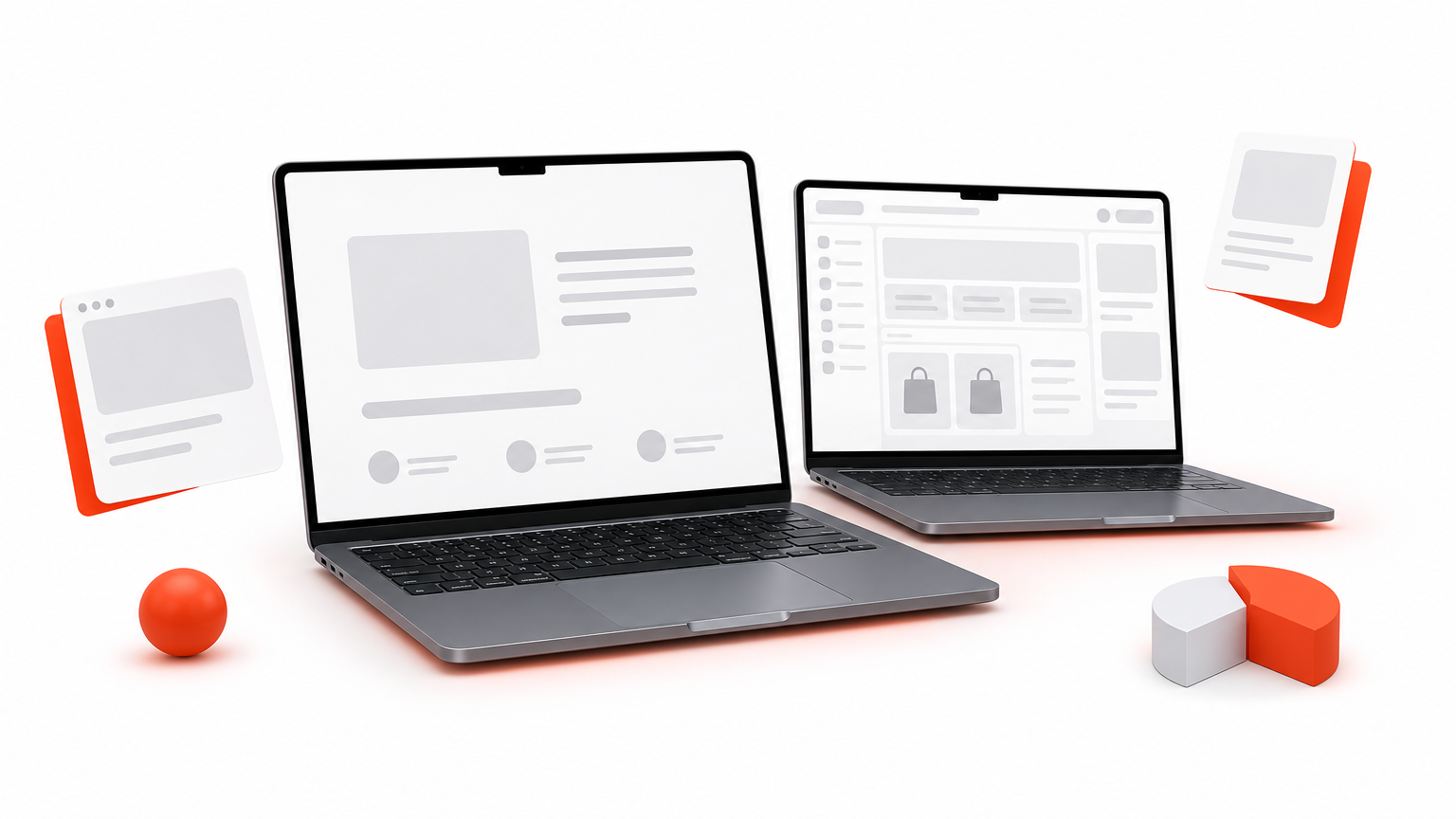 Two laptops side by side compare a simple single page site with a multi-page website dashboard.