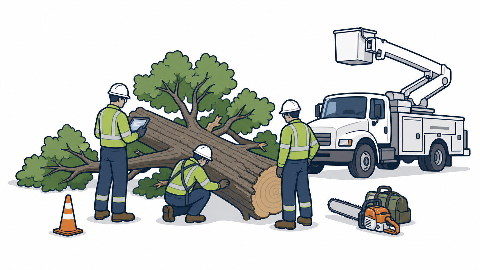A crew of workers in hard hats inspecting a fallen oak tree beside a bucket truck.