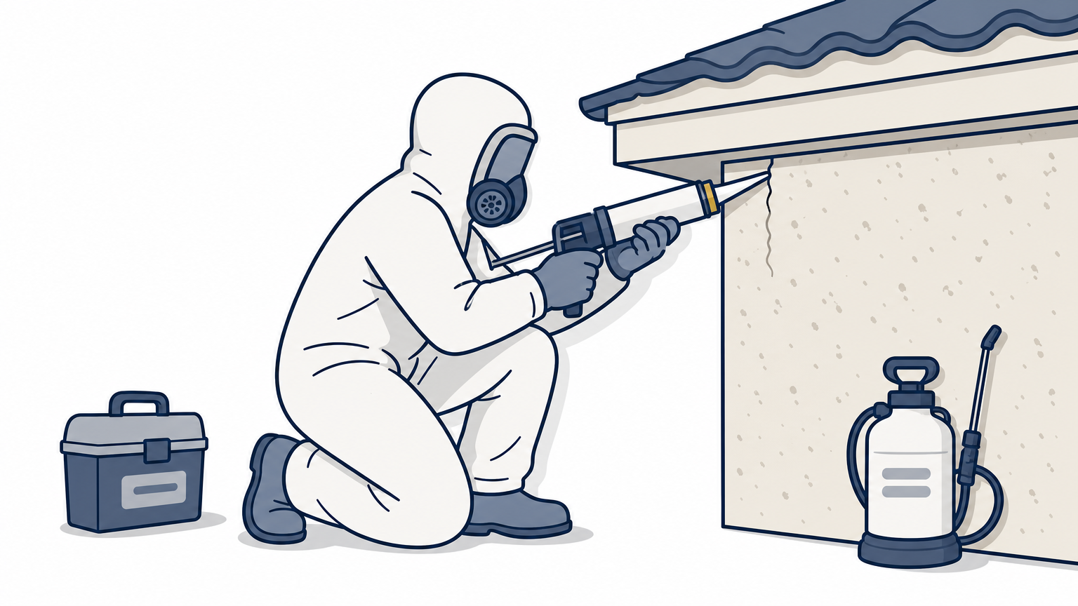 A suited pest control technician caulking a gap in stucco near a patio eave to prevent new nests.