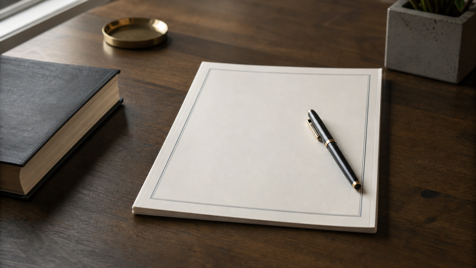 A typed legal notice on letterhead paper with a pen and a law book resting nearby on a desk.