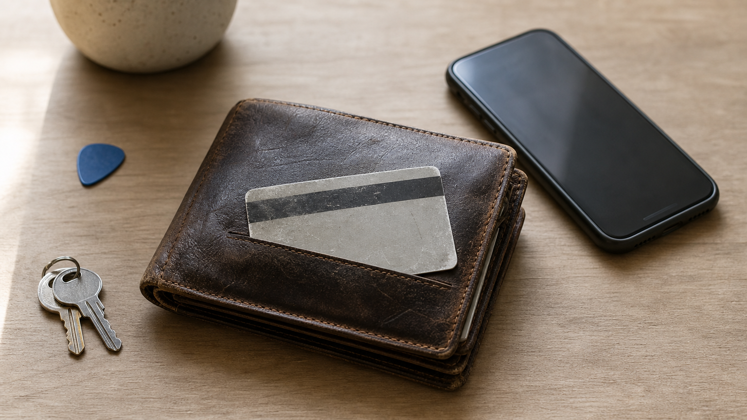 An older credit card sits in a wallet beside a phone showing a payment notification.