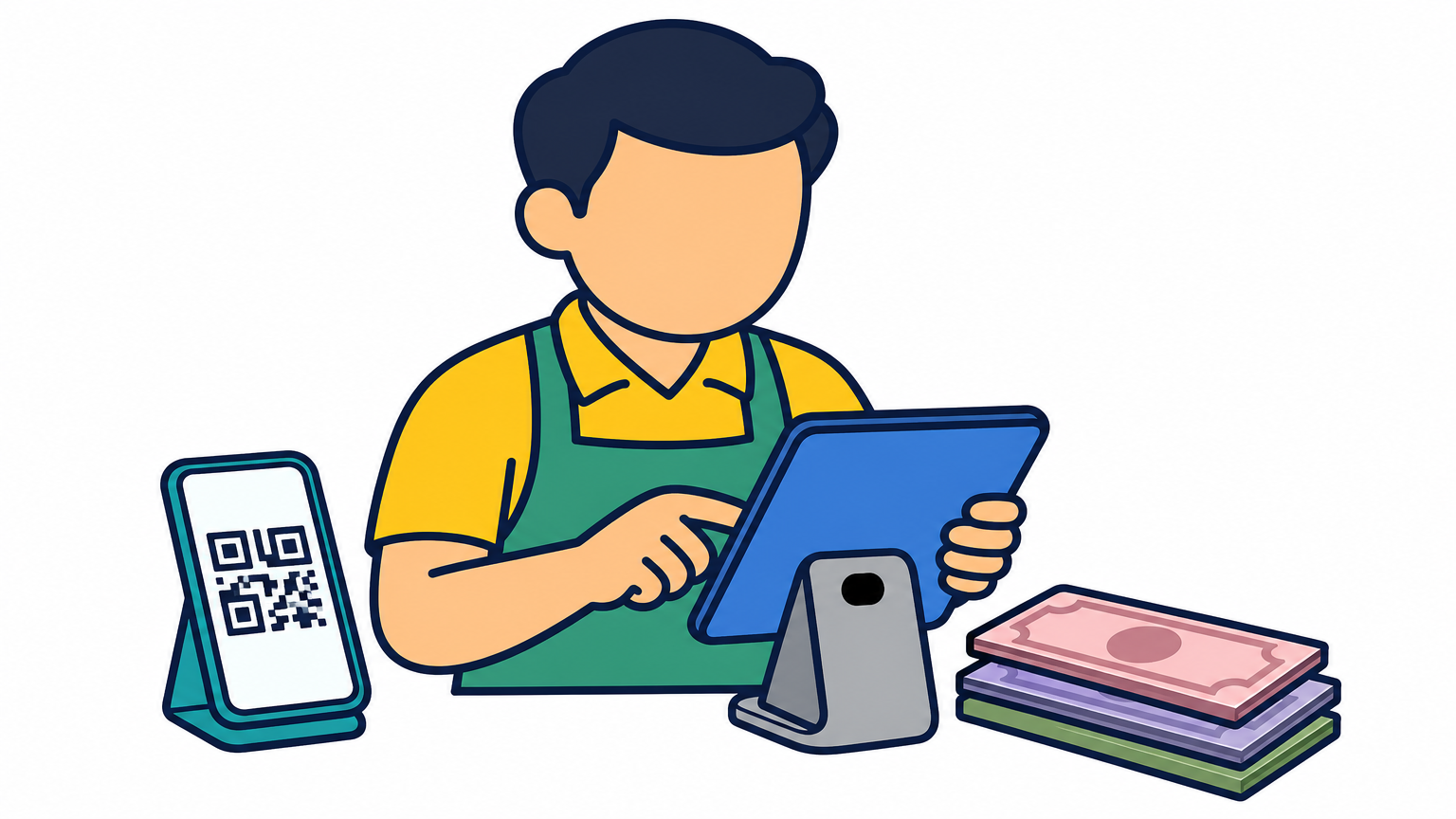 A shopkeeper processes a digital payment on a tablet beside a QR code and local currency notes.