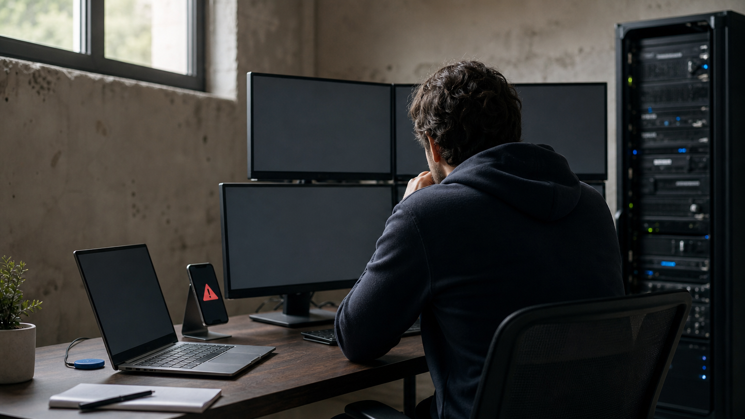 Analyst watching several monitors displaying network activity next to a server rack and laptop.