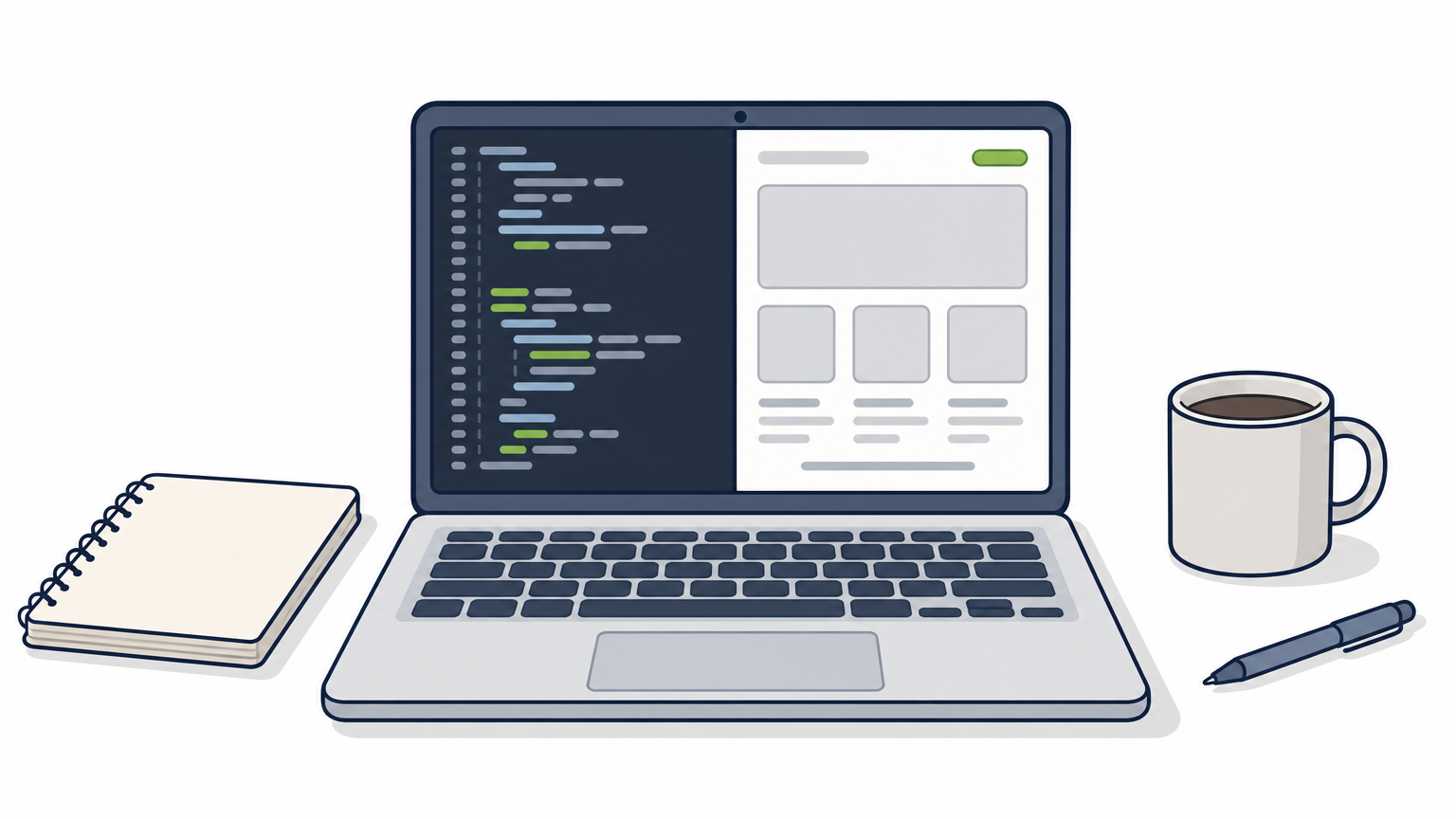 A laptop on a desk displaying both code and a website preview, with a notebook and coffee cup nearby.