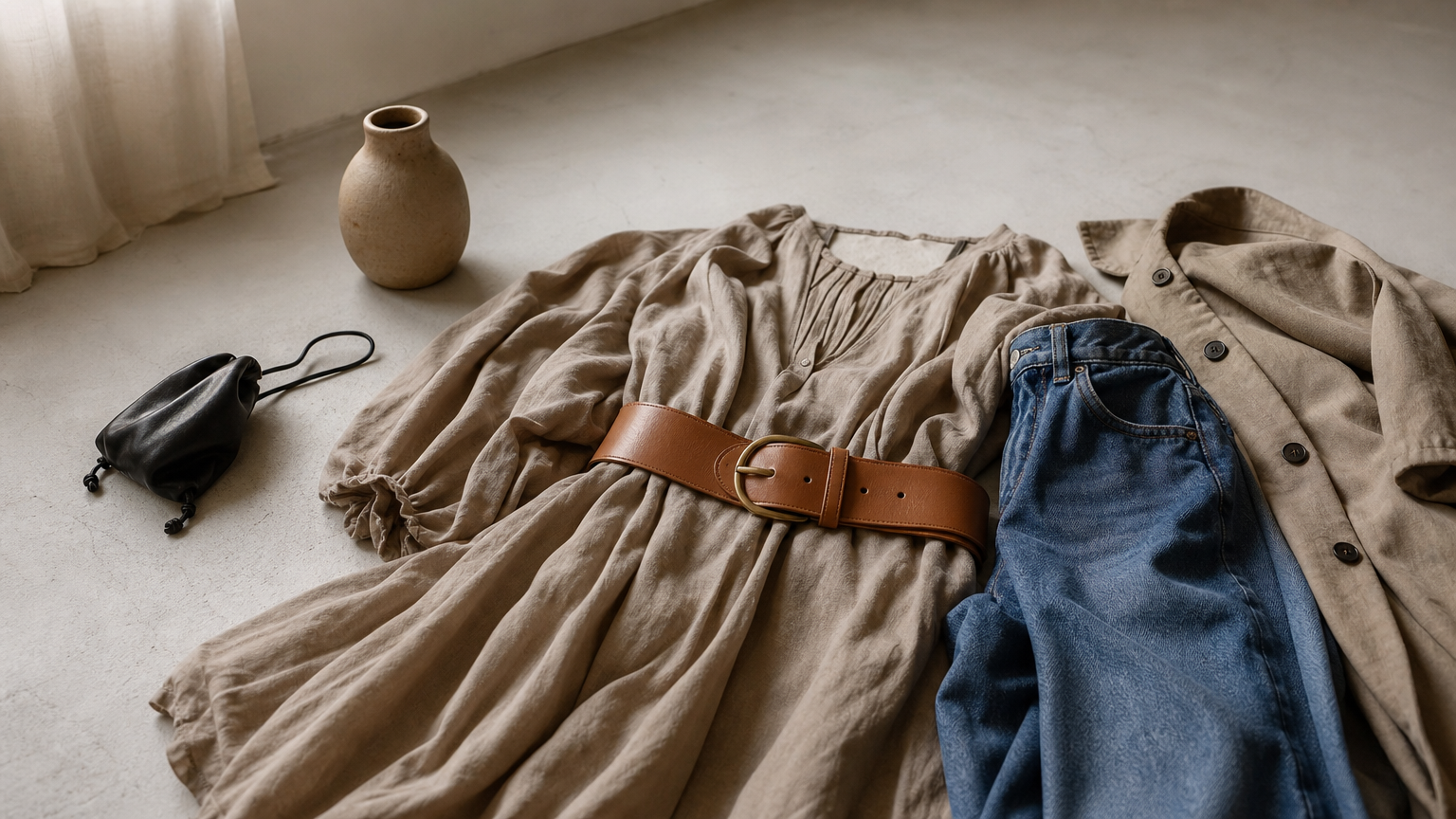 Une ceinture large en cuir posée sur une robe, un jean et un manteau.