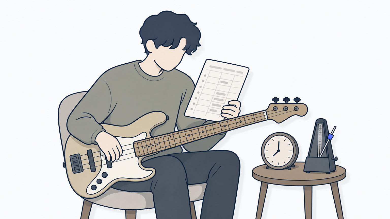 A bass player sits with an instrument next to a written weekly practice schedule and a metronome.
