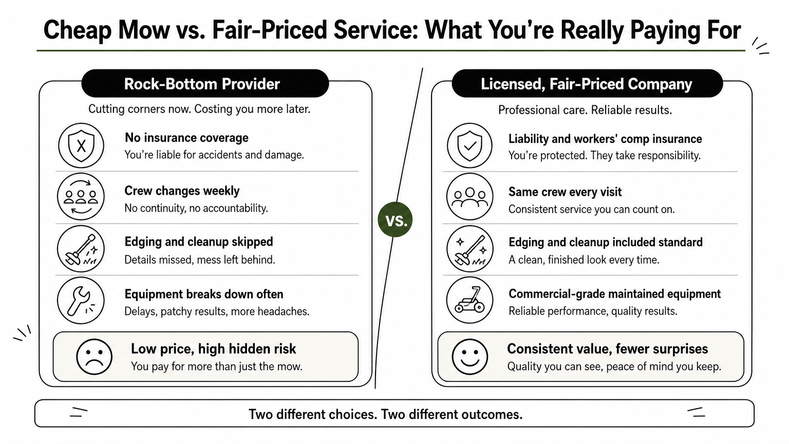 Comparison infographic contrasting a rock-bottom lawn provider with a licensed fair-priced company across insurance, crew, cleanup, and equipment.