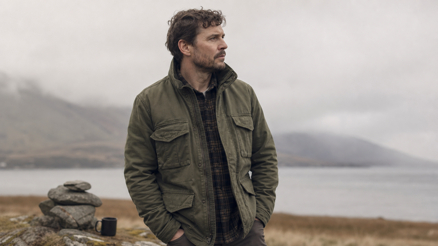 A man wears an olive field jacket layered over a flannel shirt outdoors.