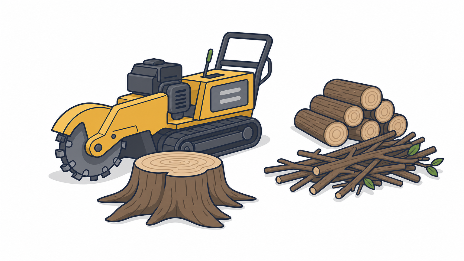 A stump grinder sits next to a fresh tree stump with a pile of cut logs and branches nearby.