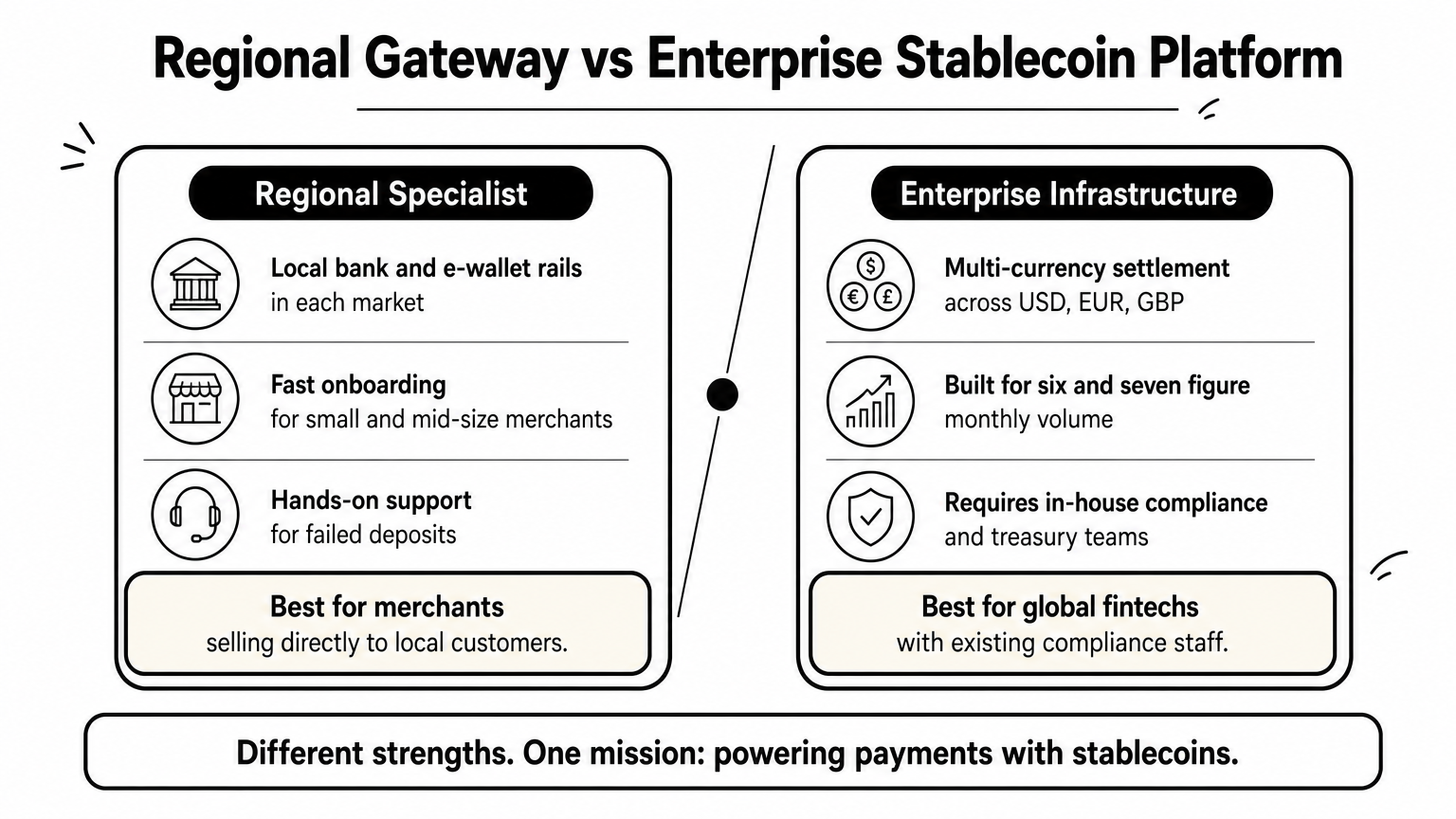 A comparison chart contrasting a regional payment gateway with an enterprise stablecoin settlement platform.
