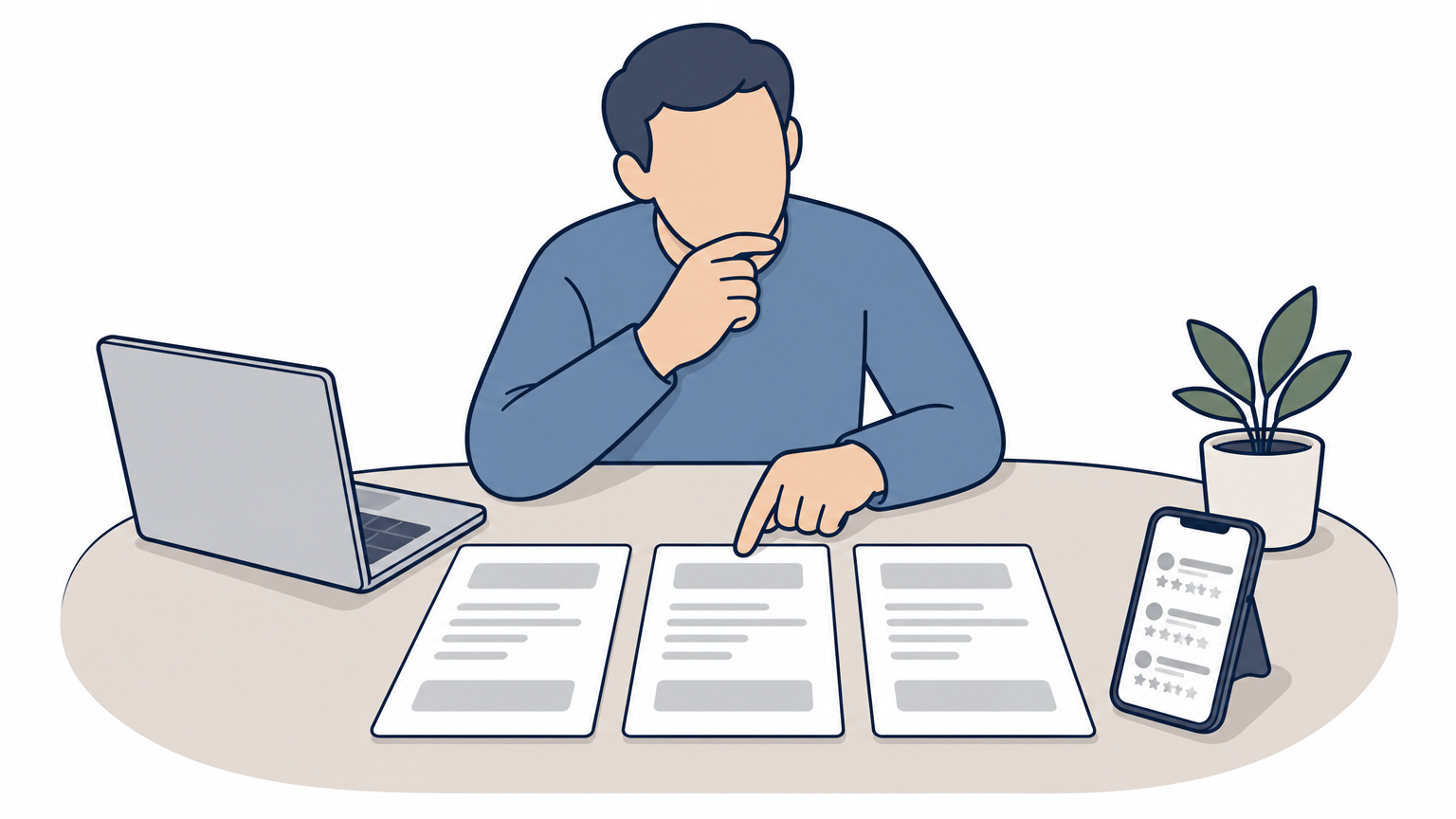 A homeowner reviews three printed lawn care quotes at a kitchen table with a laptop nearby.