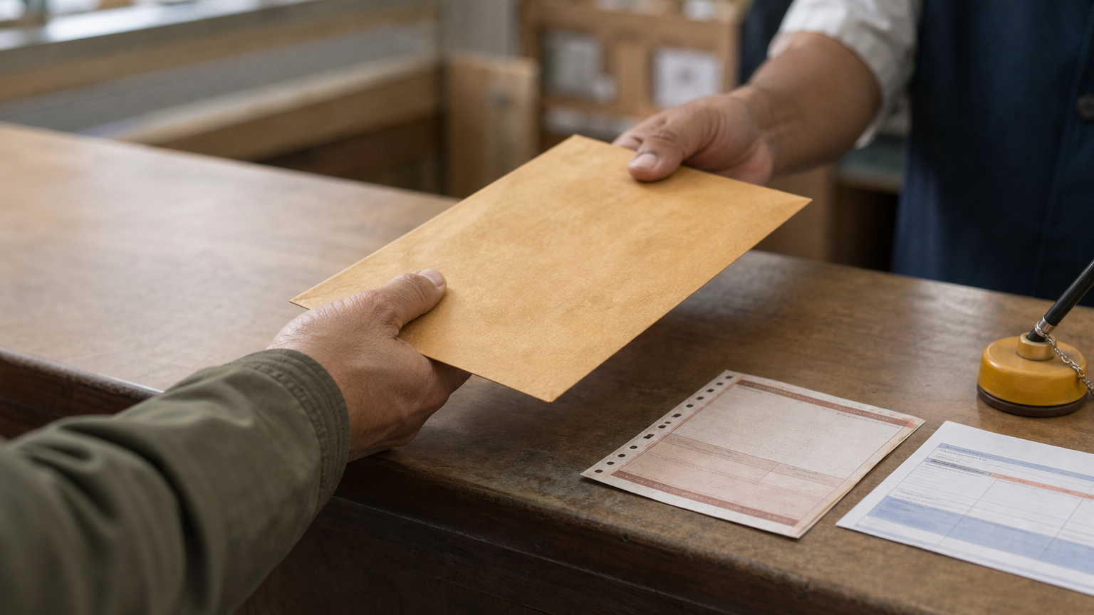An envelope exchanged at a post office counter alongside a registered mail receipt and a courier tracking slip.