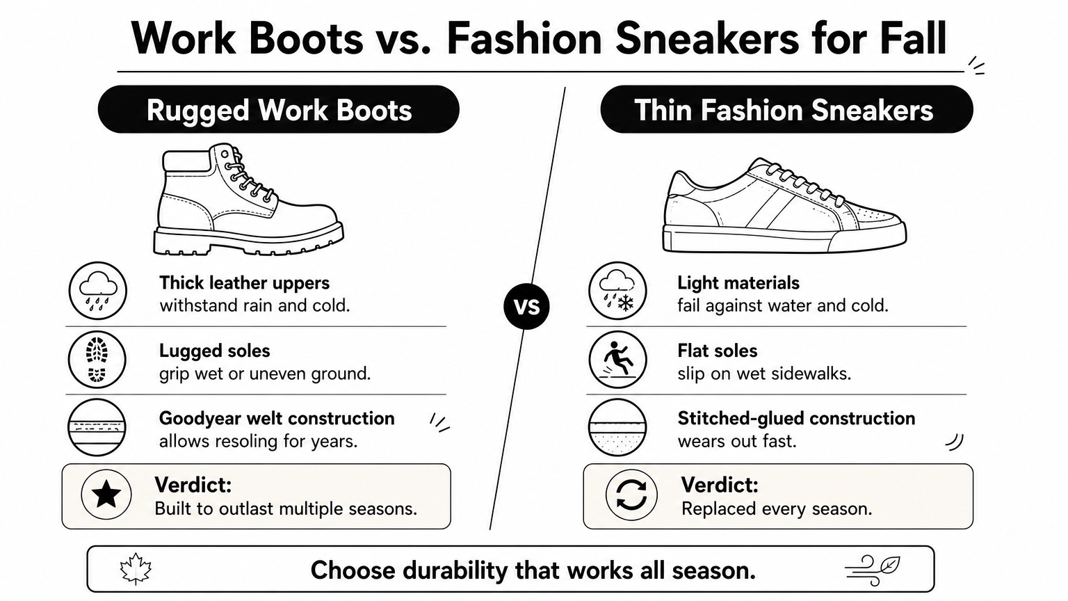 Infographic comparing rugged work boots against thin fashion sneakers for fall wear.
