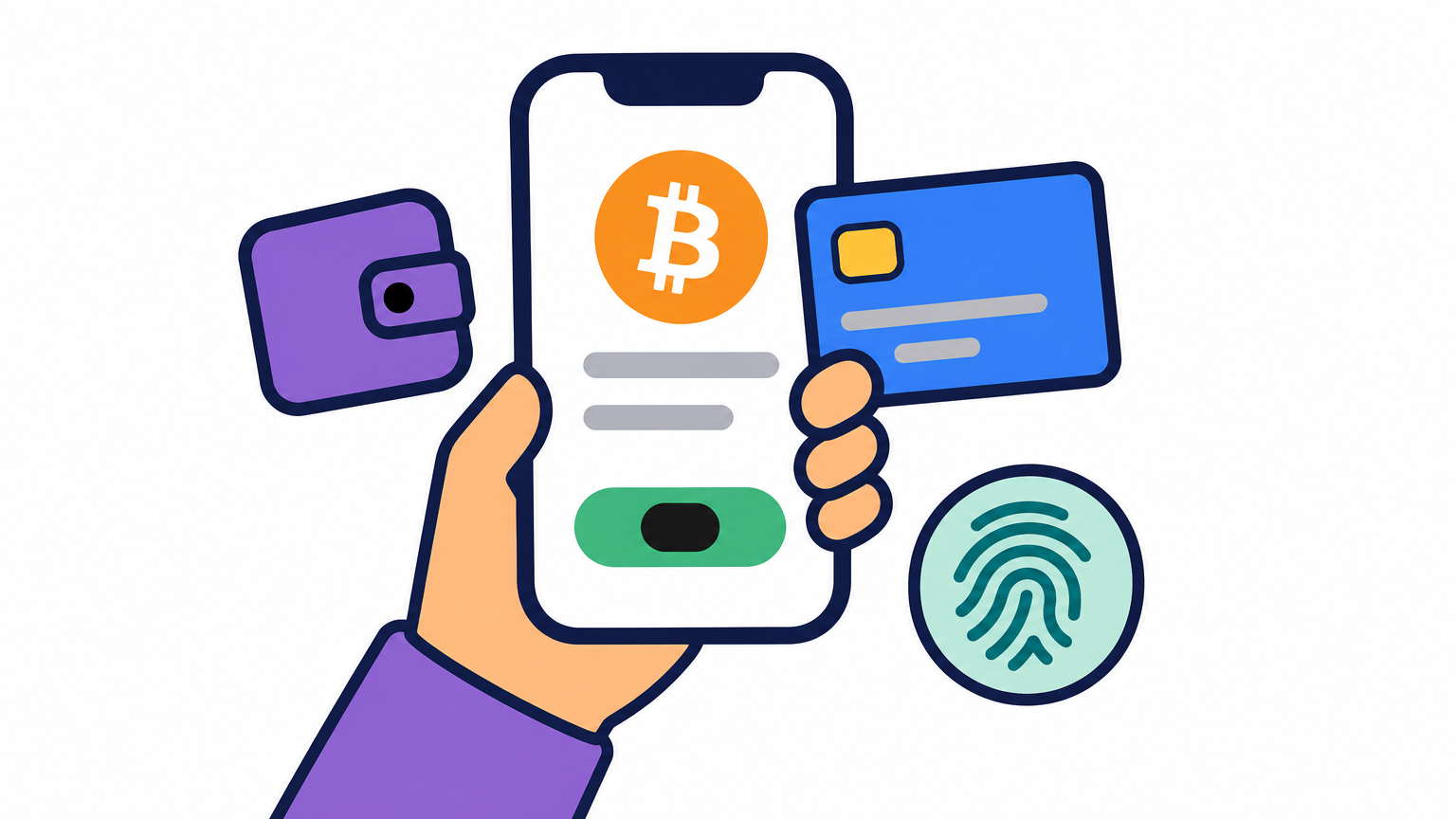 A person completes a mobile crypto purchase using a credit card and fingerprint verification.