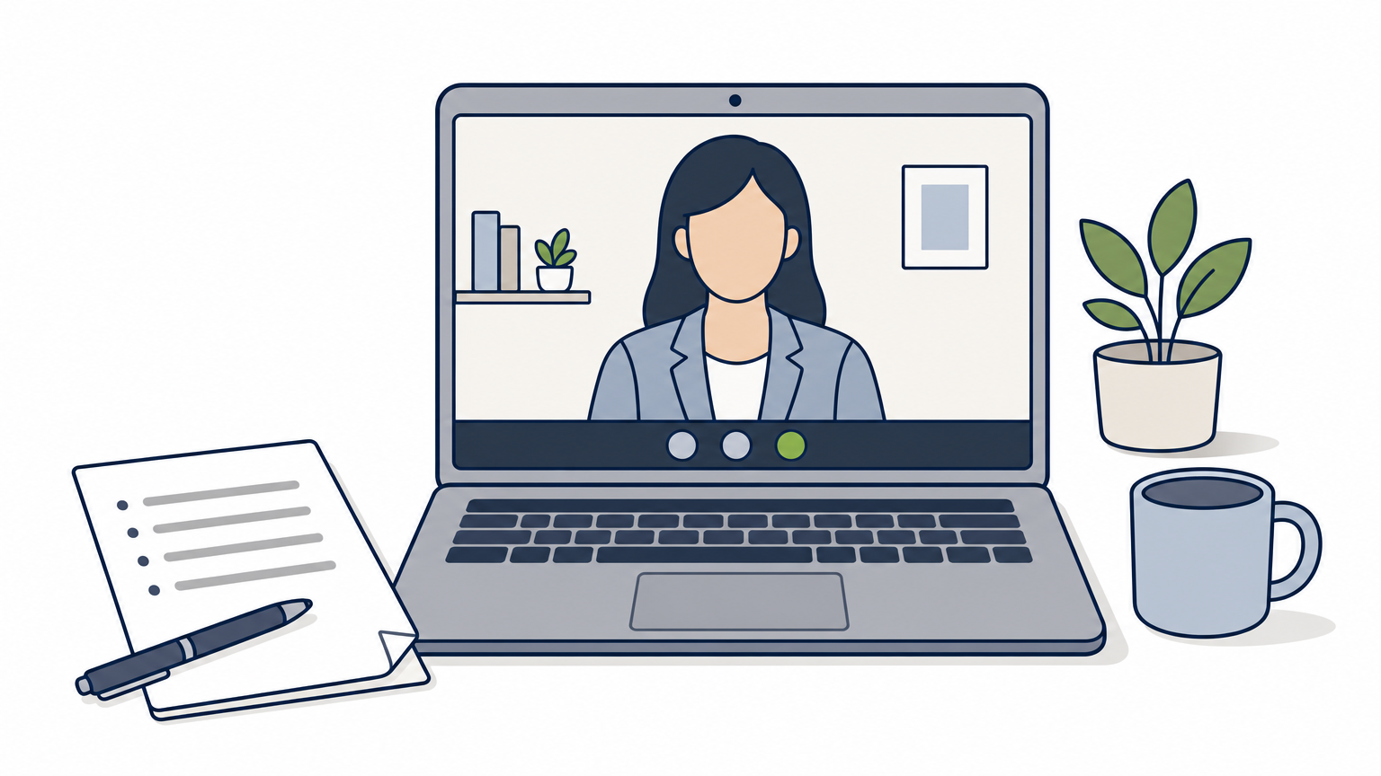 A laptop showing a video interview call next to a printed list of interview questions and a pen.