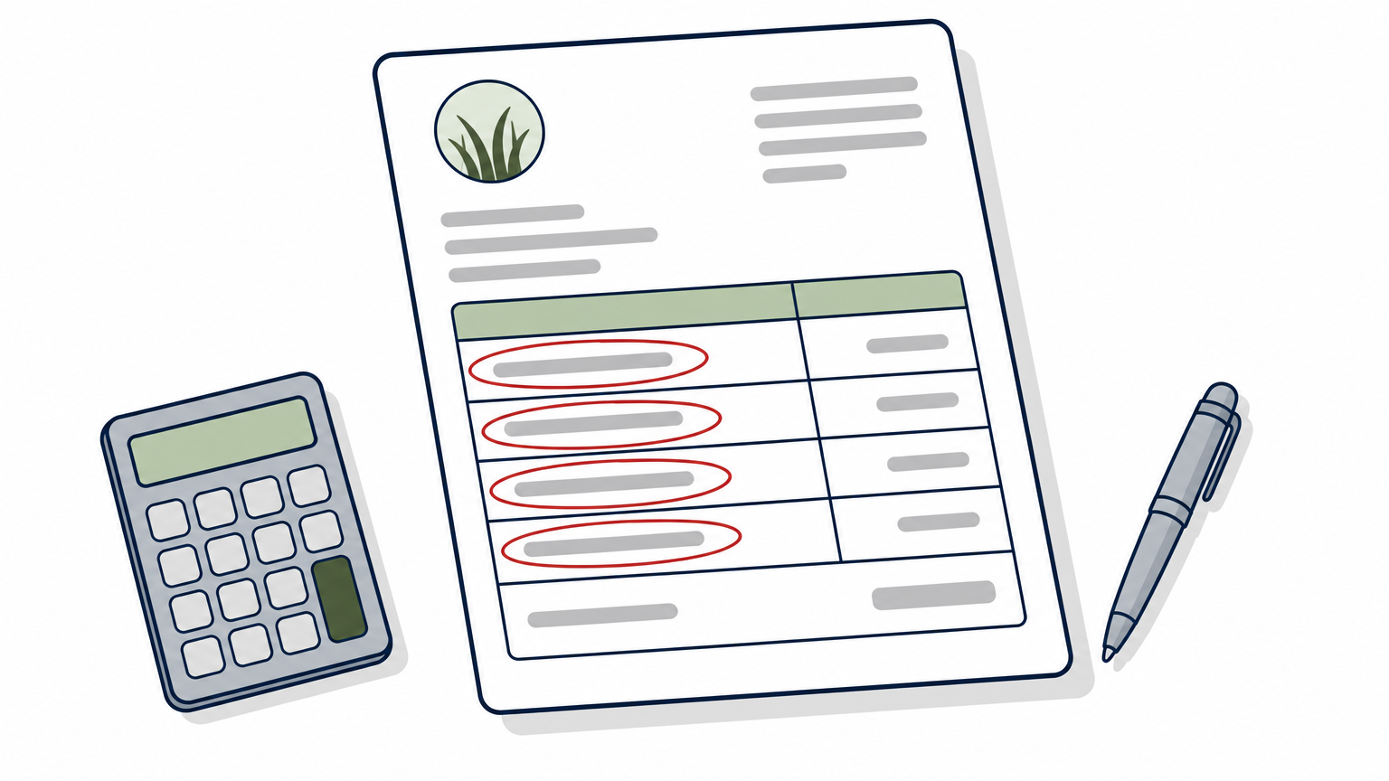 A lawn care invoice with extra fee line items circled in red beside a calculator and pen.