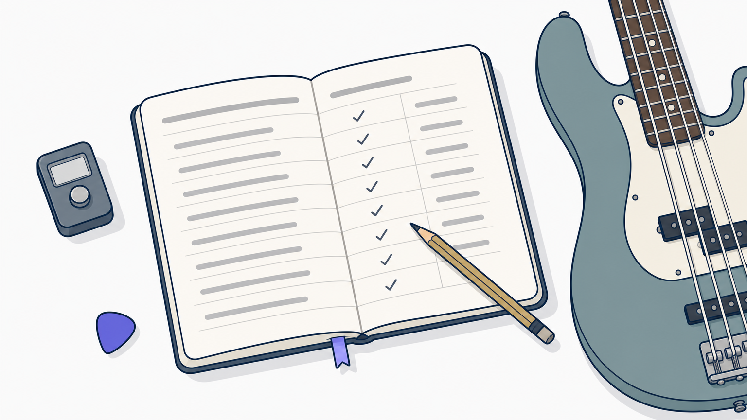 An open notebook with logged practice entries and a pencil resting beside a bass guitar.