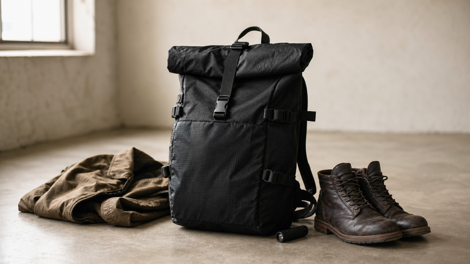 A black technical backpack with roll-top closure sits near a jacket and boots.