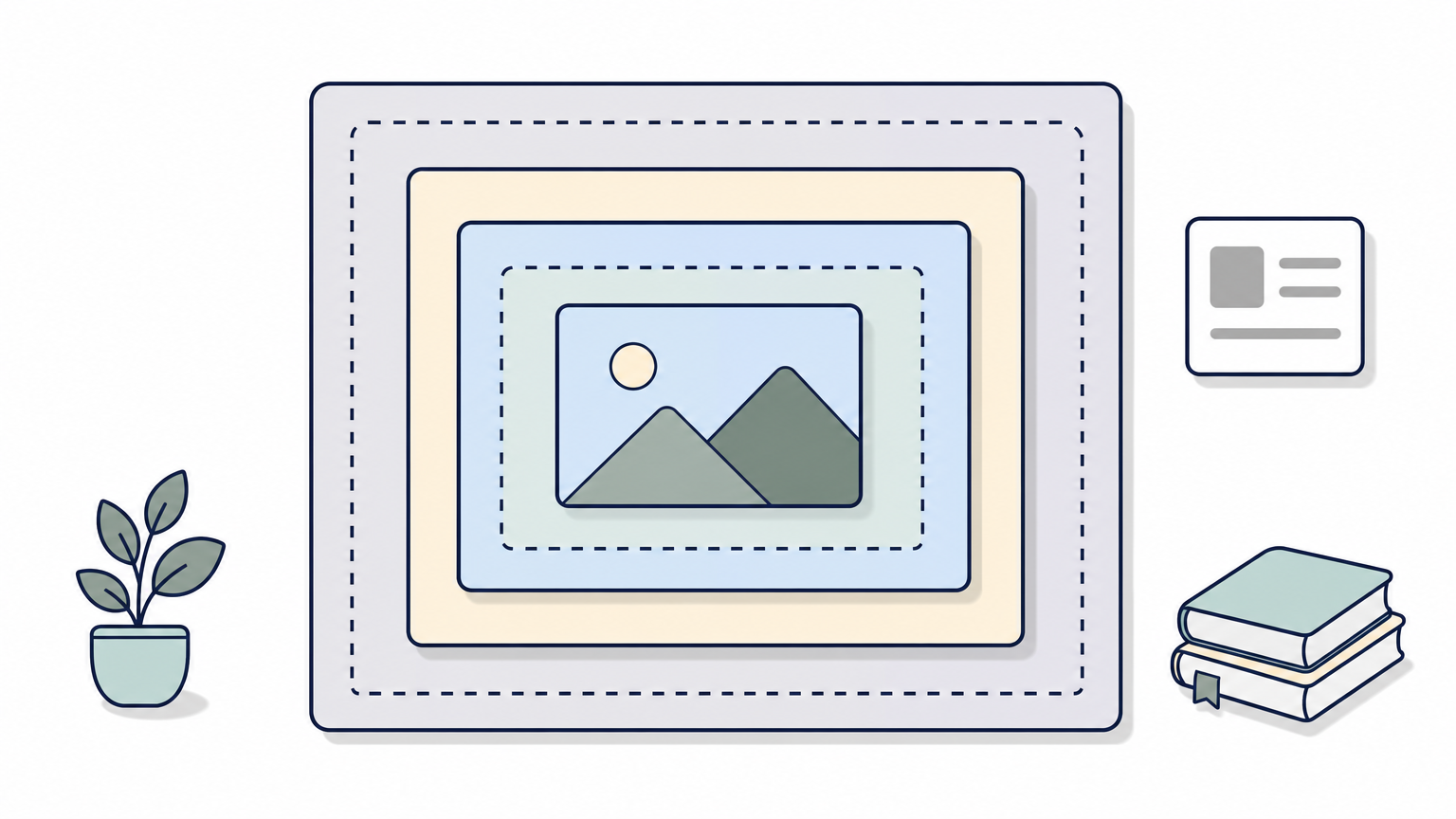 Four nested frames of increasing size illustrating content, padding, border, and margin layers.'